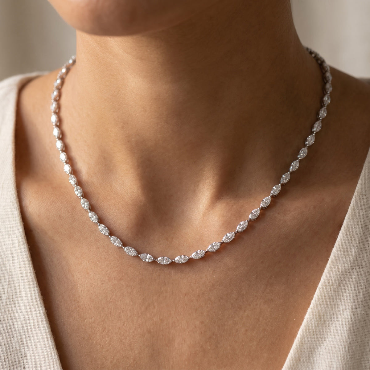 Marquise Link Diamond Tennis Necklace in 14K White Gold, worn
