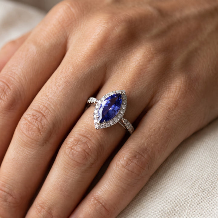 2.30 ct Marquise Tanzanite and Diamond Halo Cocktail Ring in 14K White Gold, worn