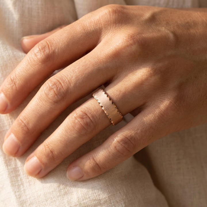 Matte Band Ring with Faceted Edges in 14K Rose Gold, worn