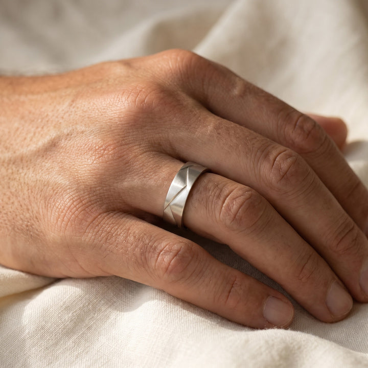 Matte Band Ring with Geometric Grooves in 14K White Gold, worn