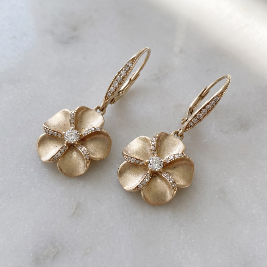 Matte Yellow Gold Diamond Plumeria Drop Earrings