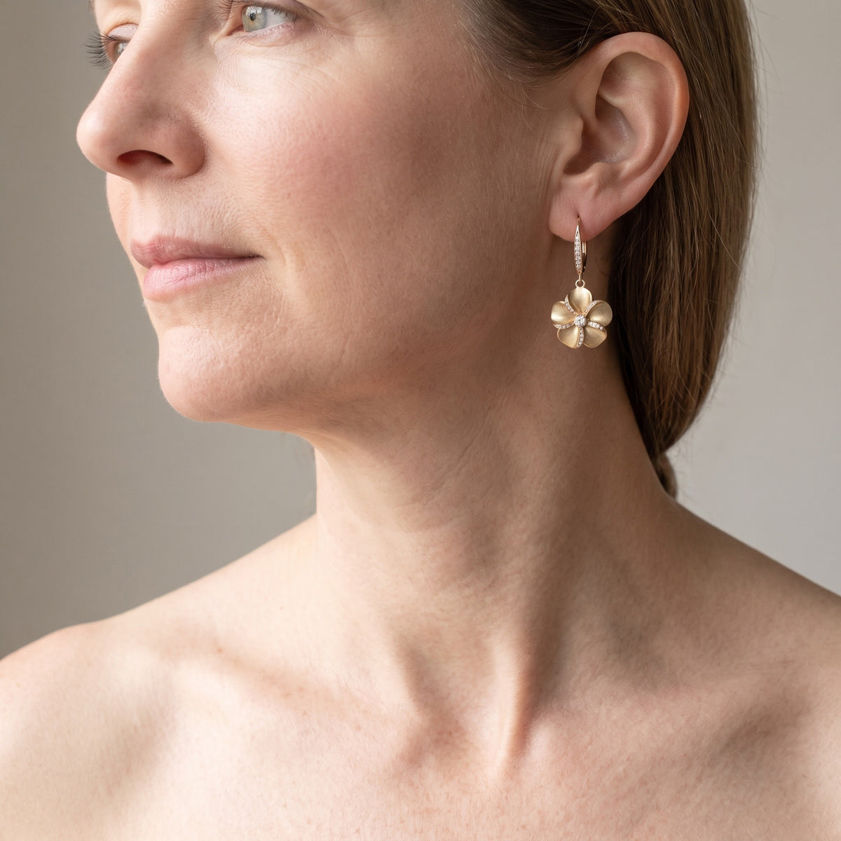 Matte Yellow Gold Diamond Plumeria Drop Earrings, worn, second view