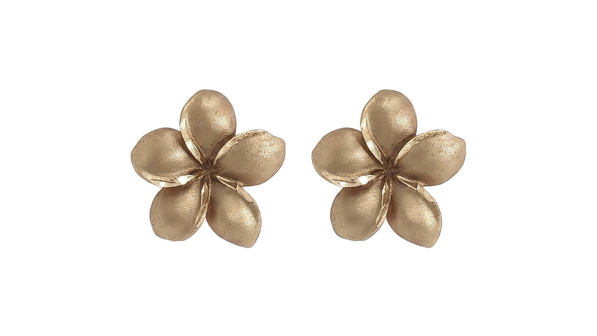 Matte Yellow Gold Plumeria Flower Stud Earrings