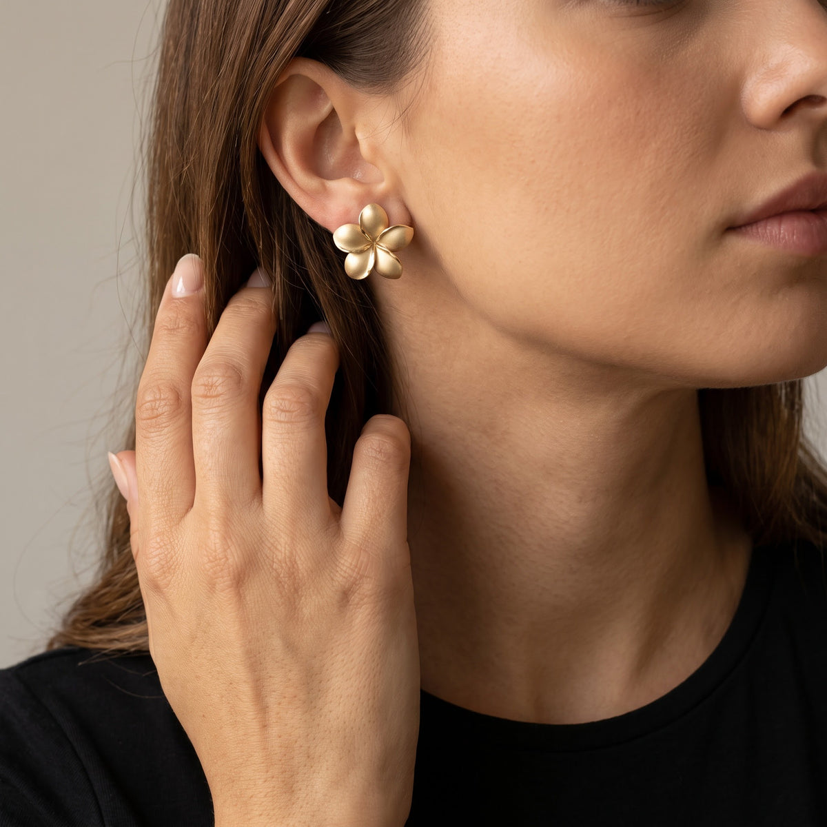 Matte Yellow Gold Plumeria Flower Stud Earrings, worn, second view