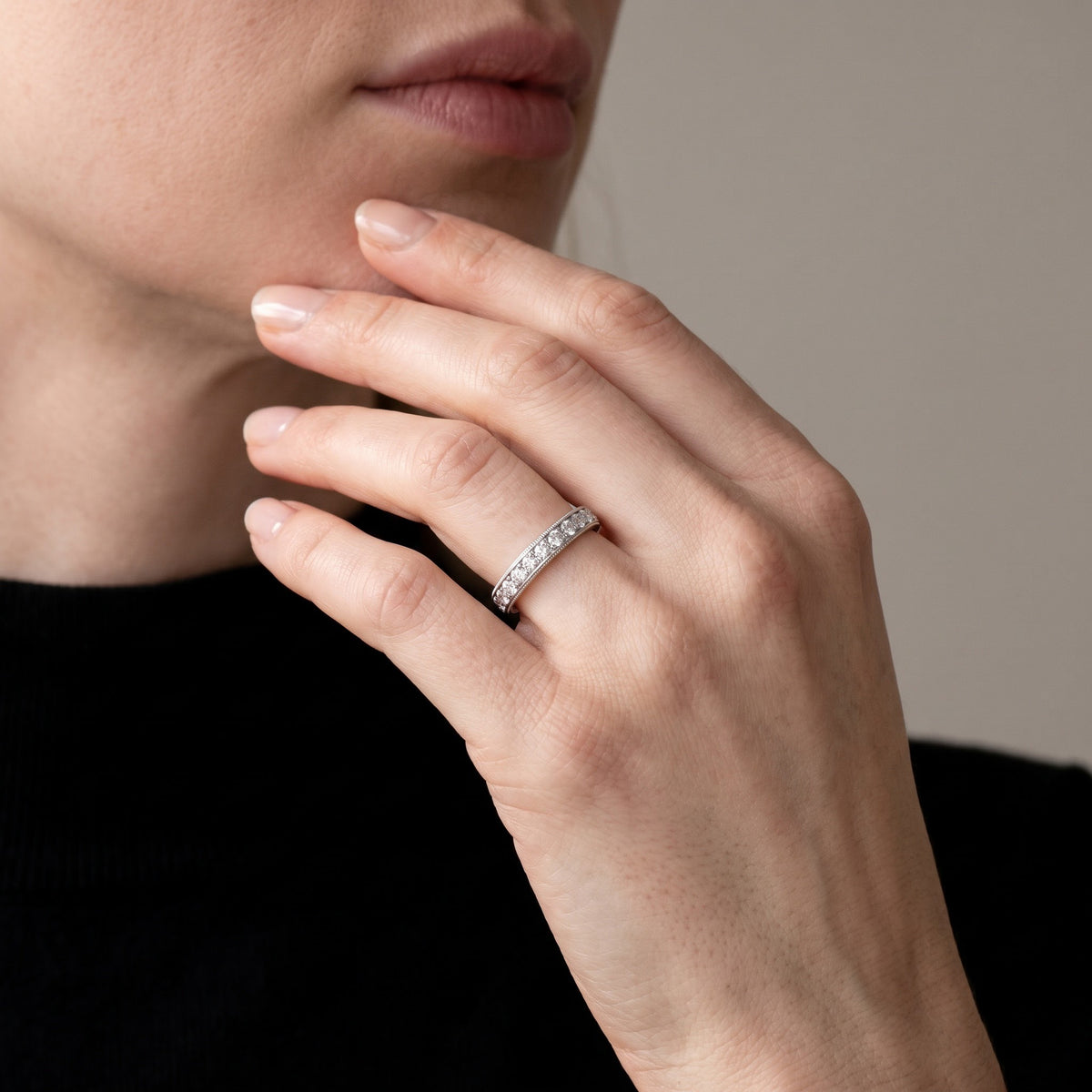 Milgrain Diamond Pave Band in White Gold, worn, second view
