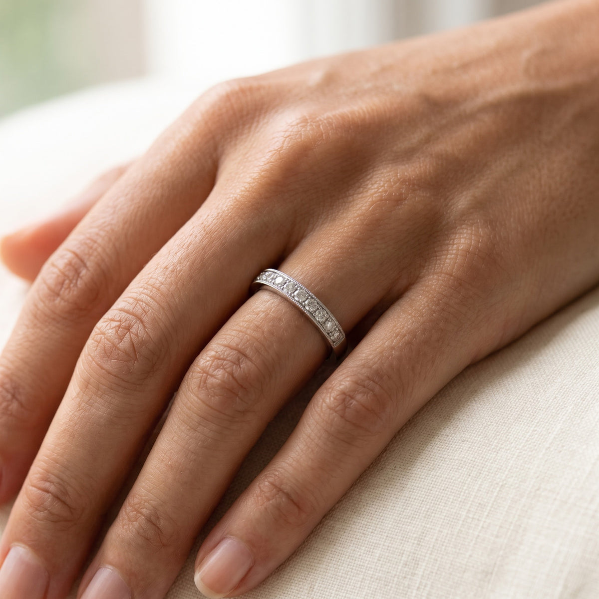 Milgrain Diamond Pave Band in White Gold, worn