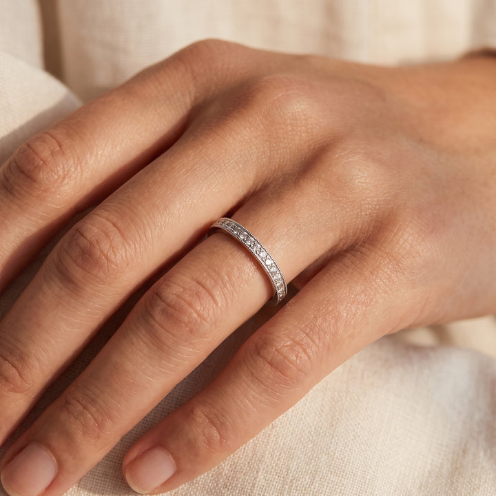 0.15 ct Milgrain Pavé Set Diamond Ring in 14K White Gold, worn