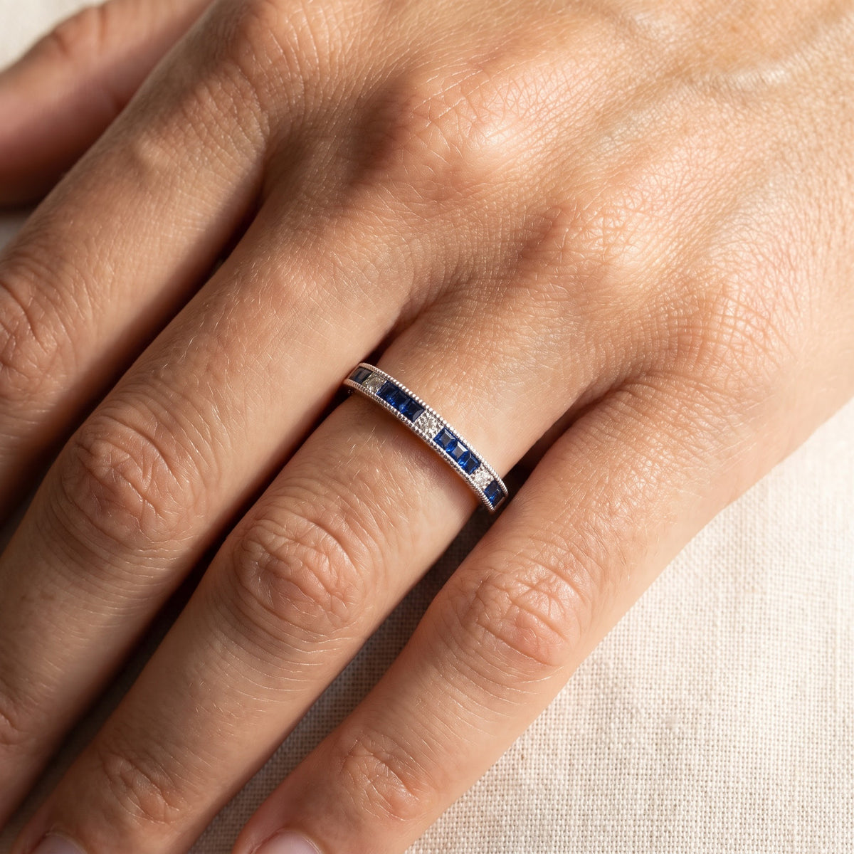 Milgrain Royal Blue Sapphire Ring in White Gold, worn