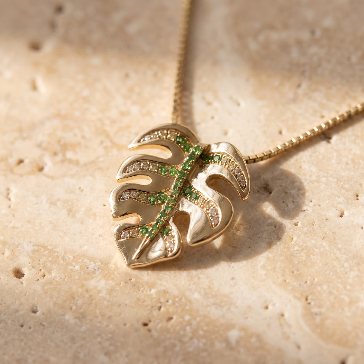 0.29 ct Tsavorite and Diamond Monstera Leaf Pendant in 14K Yellow Gold