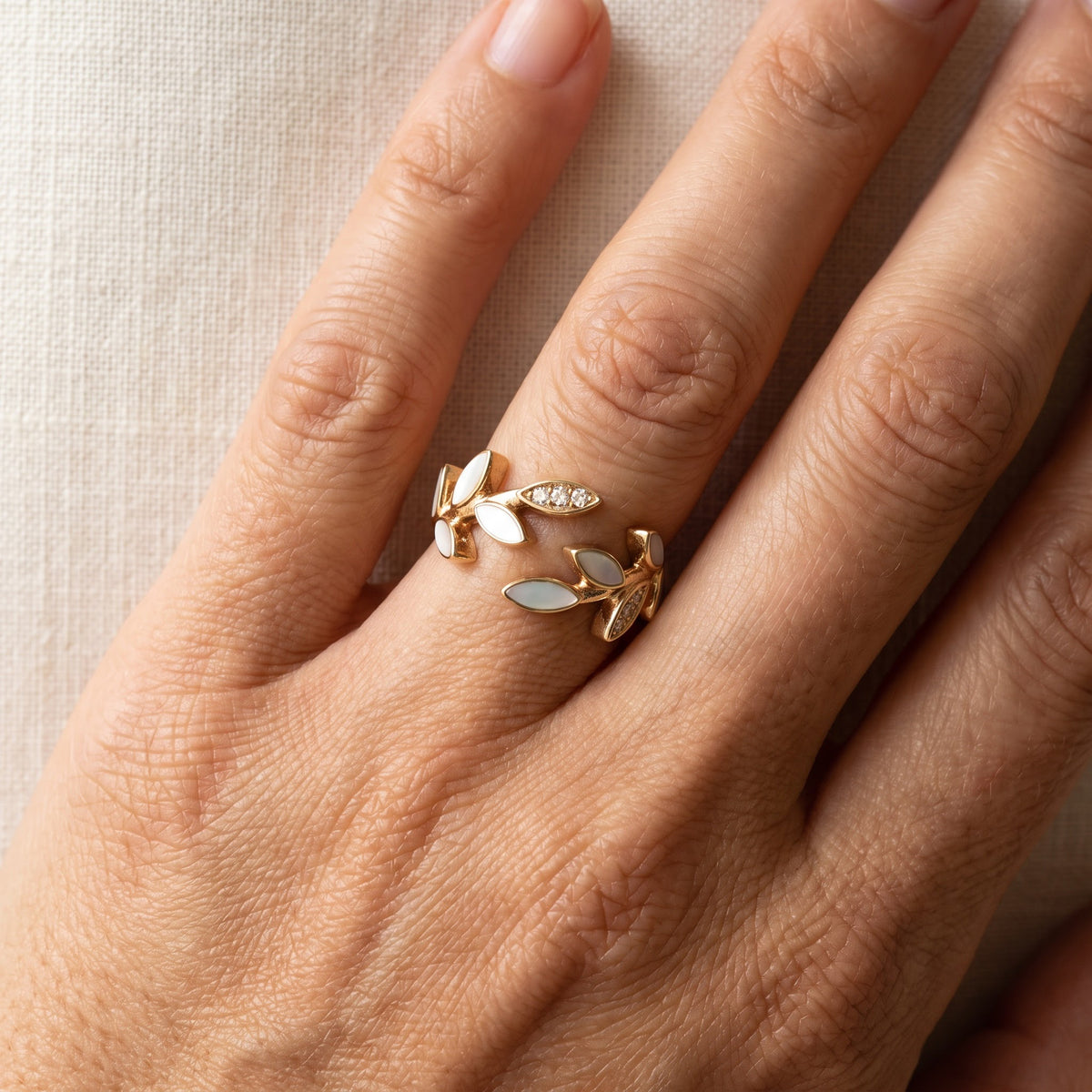 Mother-of-Pearl and Diamond Leaf Wrap Ring in 18K Yellow Gold, worn