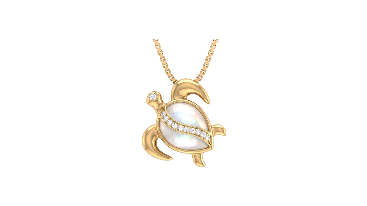 Mother-of-Pearl and Diamond Sea Turtle Pendant in 14K Yellow Gold, studio