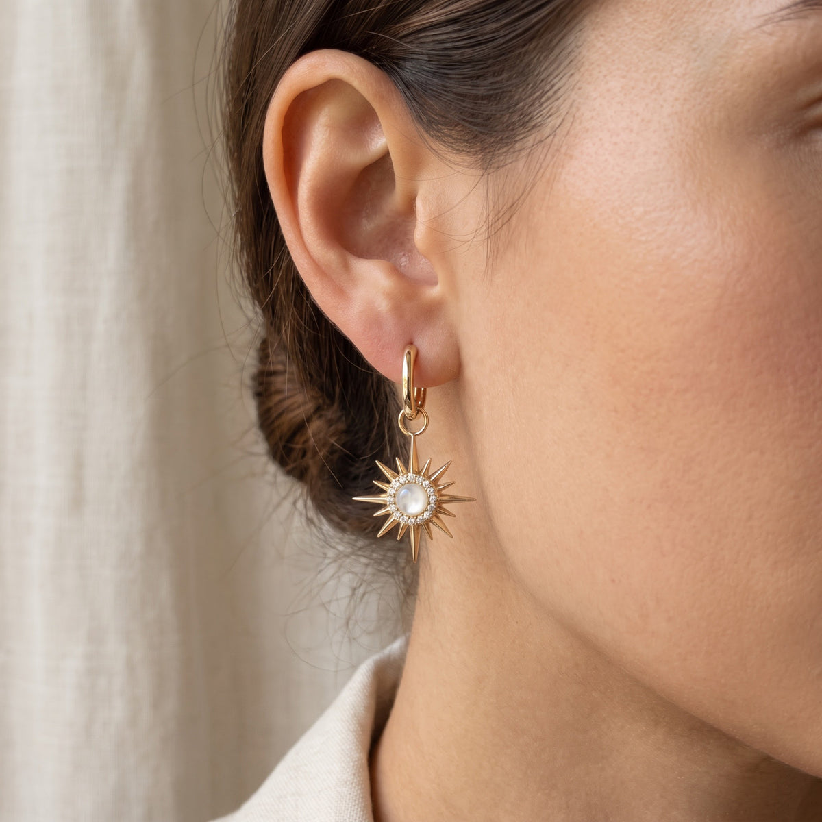 Mother of Pearl and Yellow Gold Sunburst Drop Earrings, worn