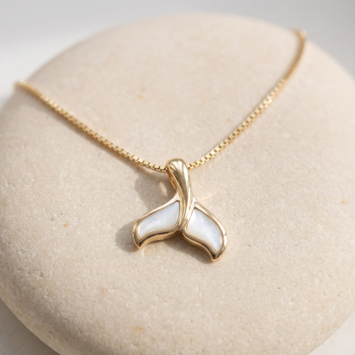 Mother of Pearl Inlay Whale Tail Charm Necklace in 14K Yellow Gold
