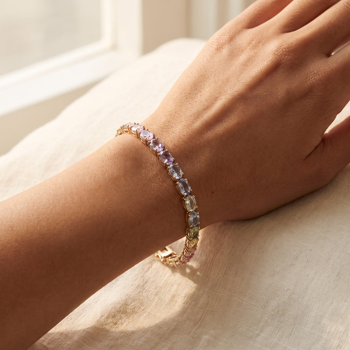 17.03 ct Multi-Color Pastel Sapphire Tennis Bracelet in 14K Yellow Gold, worn