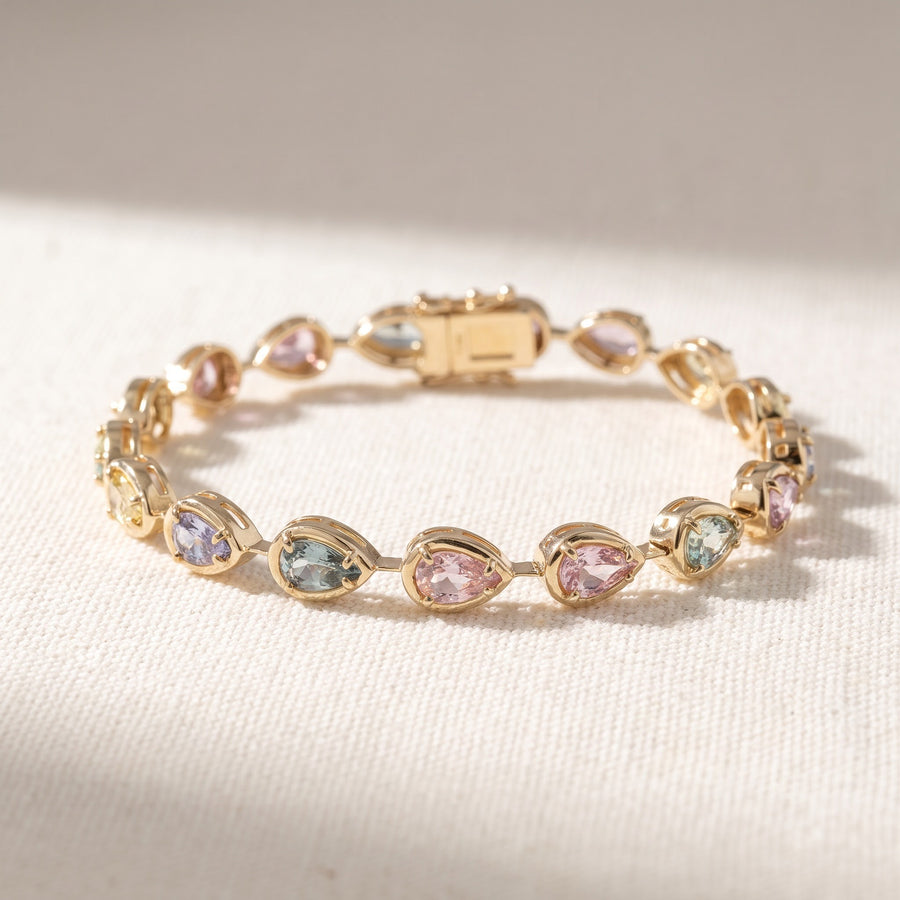 Multi-Color Pear Shape Sapphire Chain Bracelet in Yellow Gold