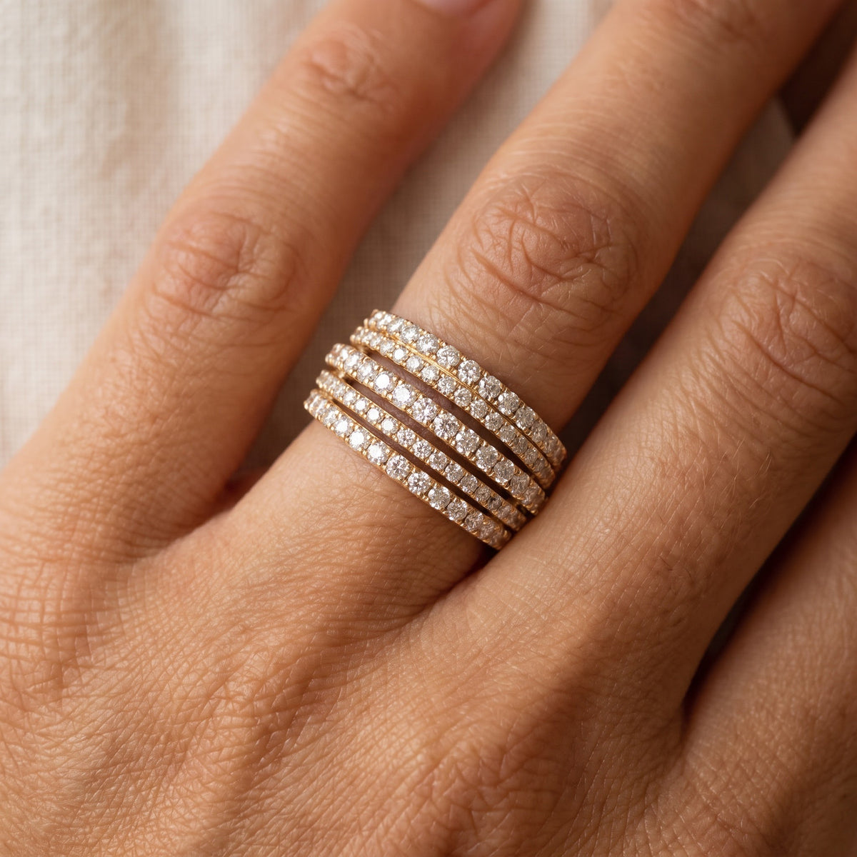 Multi-Row Diamond Stackable Ring in 14K Yellow Gold, worn