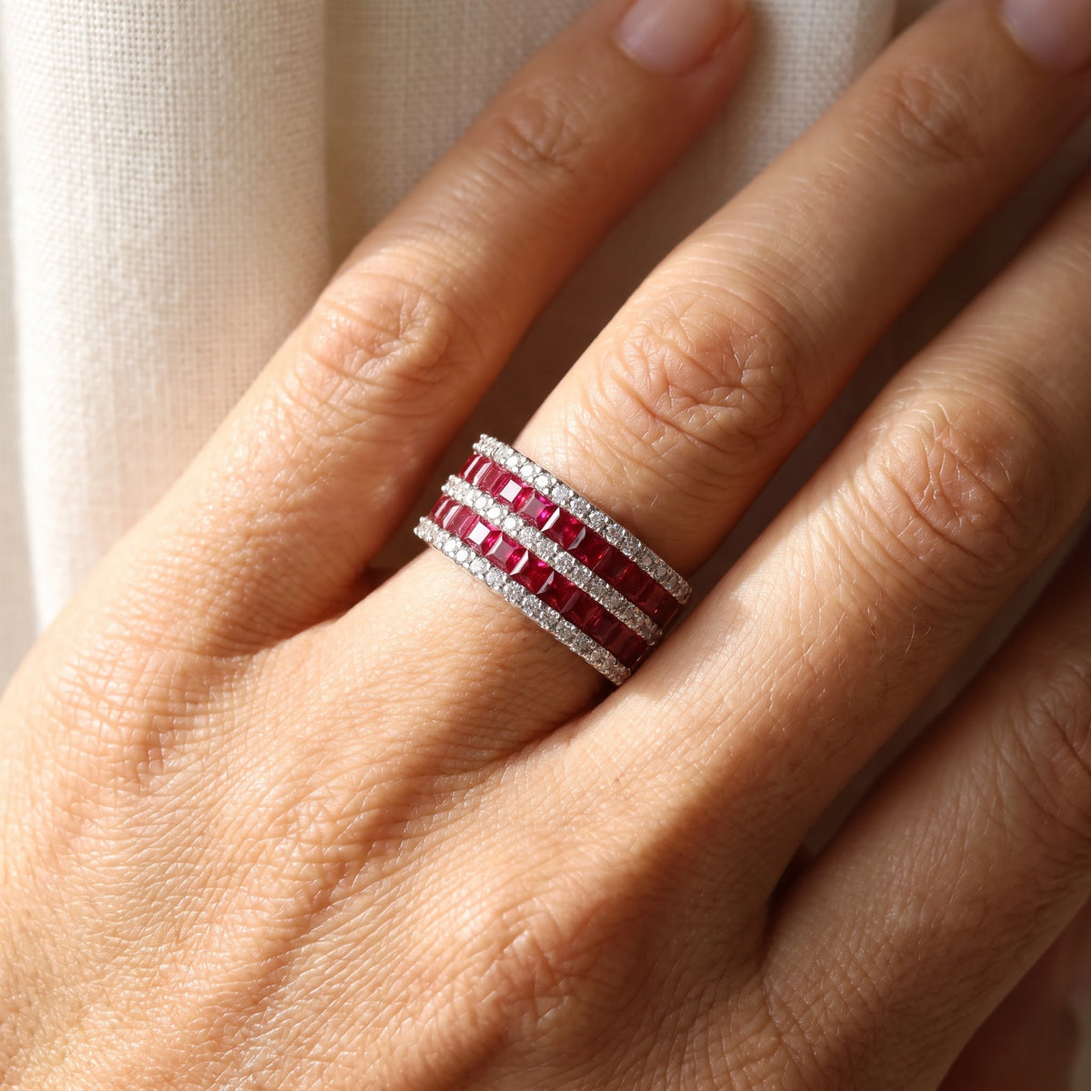 Multi-Row Red Ruby Band Ring in White Gold, worn