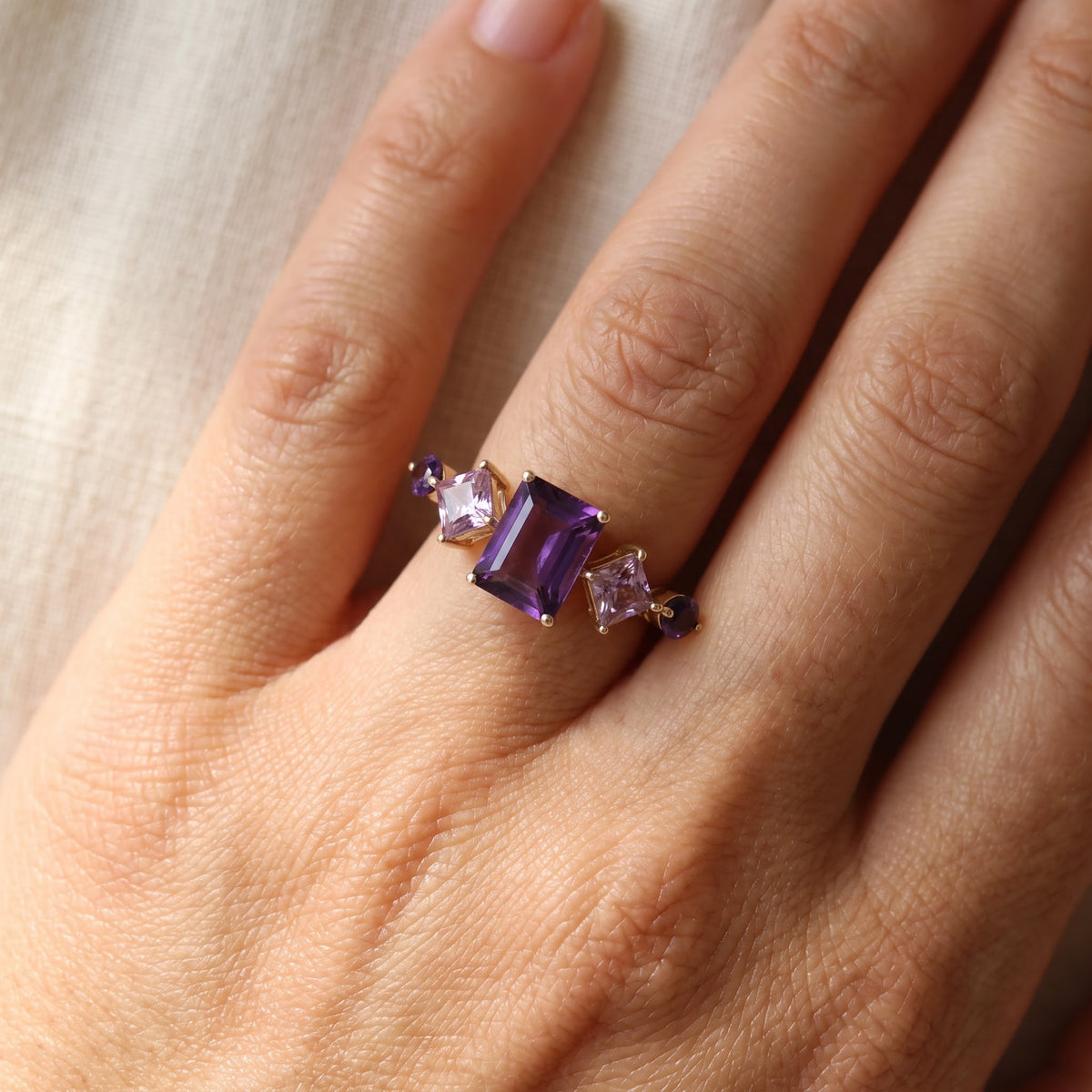 Multi-Stone Amethyst Ring in 14K Yellow Gold, worn