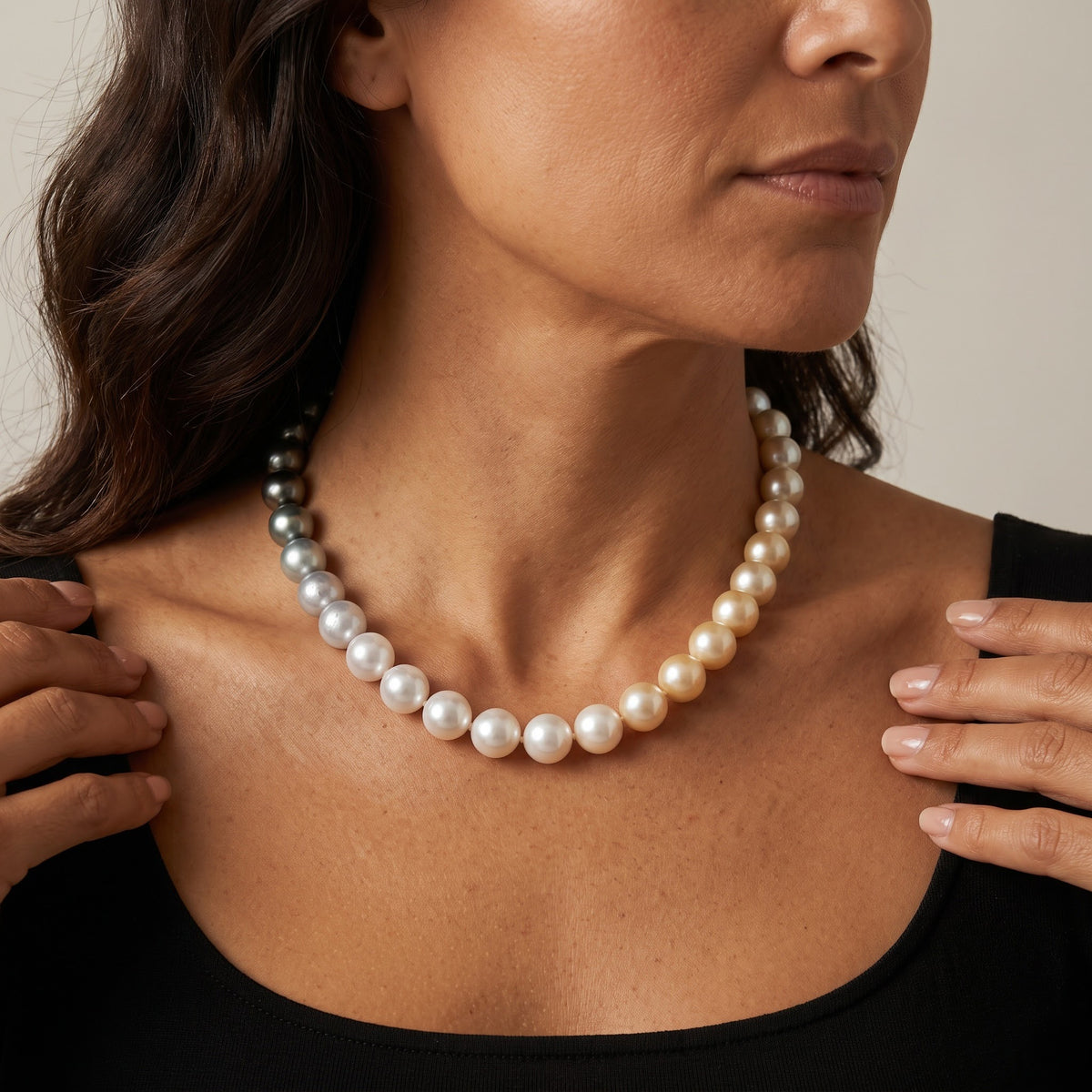 Multicolor Ombre Pearl Necklace, worn, second view