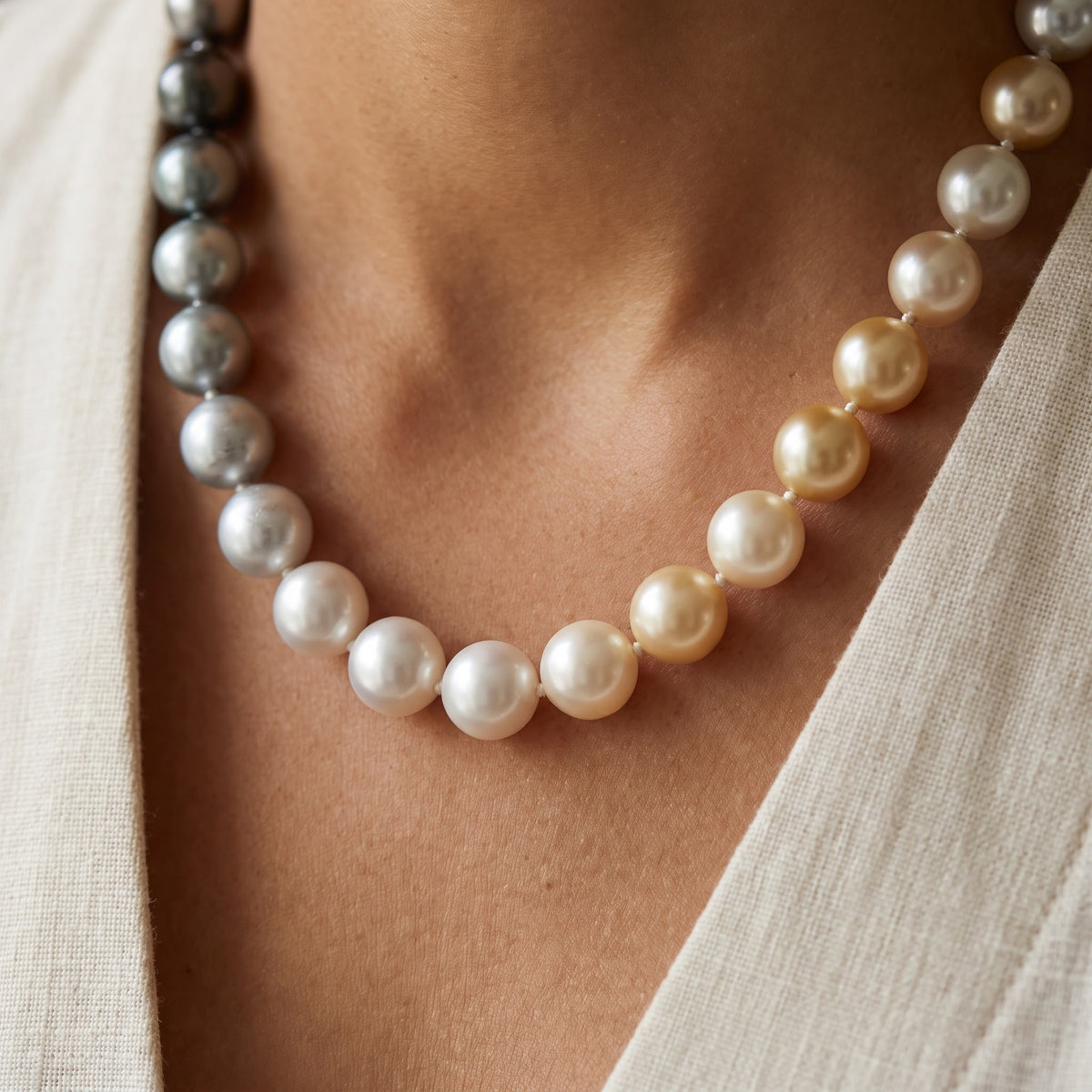 Multicolor Ombre Pearl Necklace, worn