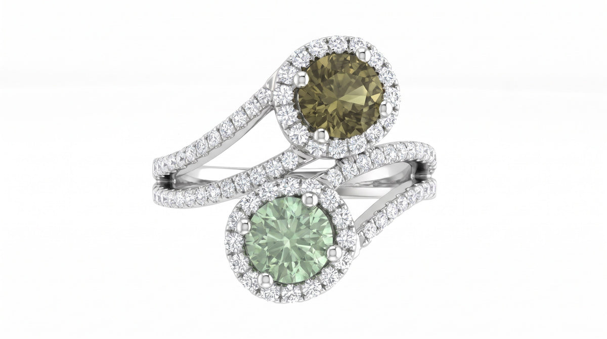 Olive and Mint Green Sapphire and Diamond Bypass Halo Ring in 14K White Gold