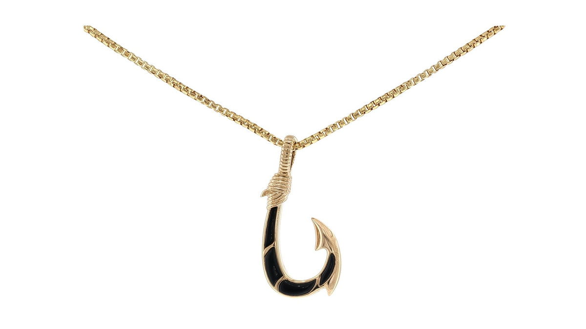 Onyx Fish Hook Pendant Necklace in Yellow Gold