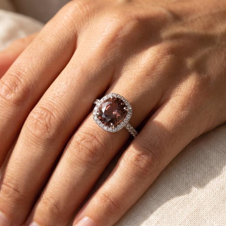 4.80 ct Oval Chocolate Zircon and Diamond Halo Cocktail Ring in 14K White Gold, worn