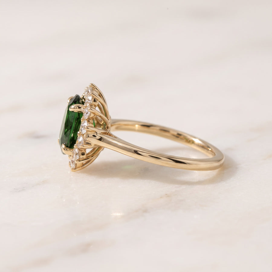 Oval Green Gemstone Halo Cocktail Ring in Yellow Gold