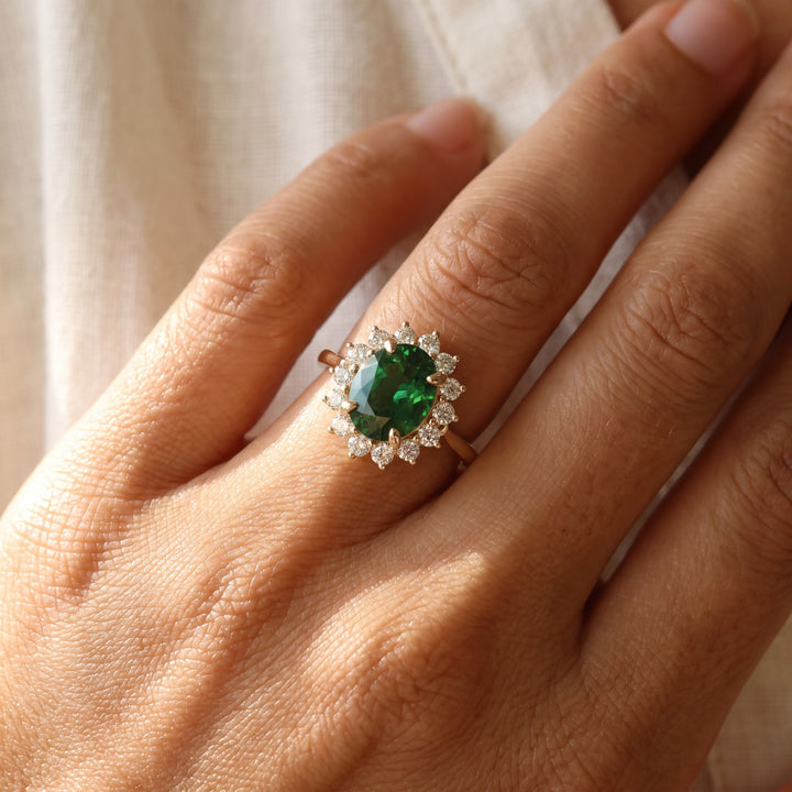 1.86 ct Oval Tsavorite and Diamond Halo Cocktail Ring in 14K Yellow Gold, worn
