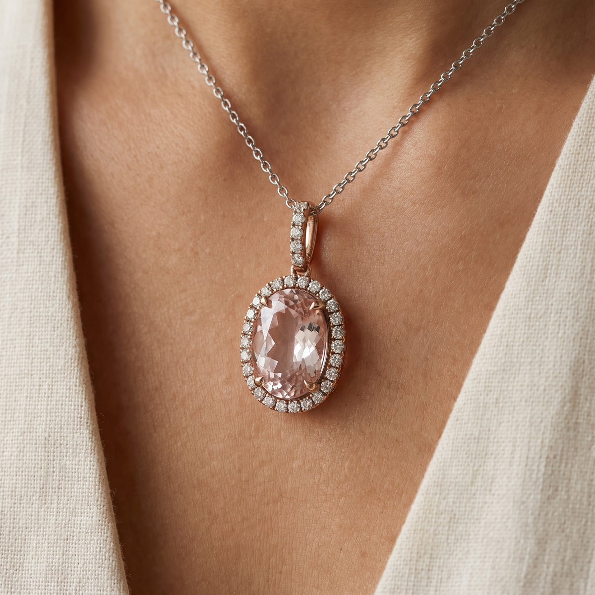 Oval Morganite and Diamond Halo Pendant Necklace in 14K Rose and White Gold, worn