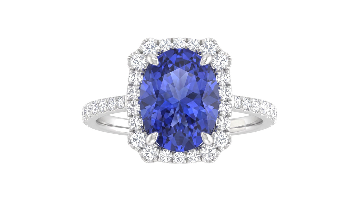Oval Tanzanite and Diamond Halo Cocktail Ring in 14K White Gold, studio