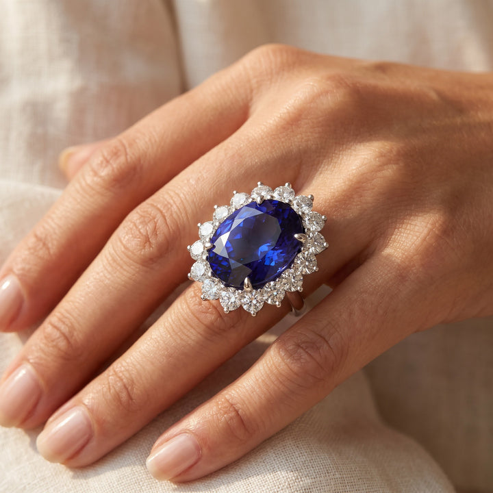 15.90 ct Oval Tanzanite and Diamond Halo Cocktail Ring in 14K White Gold, worn