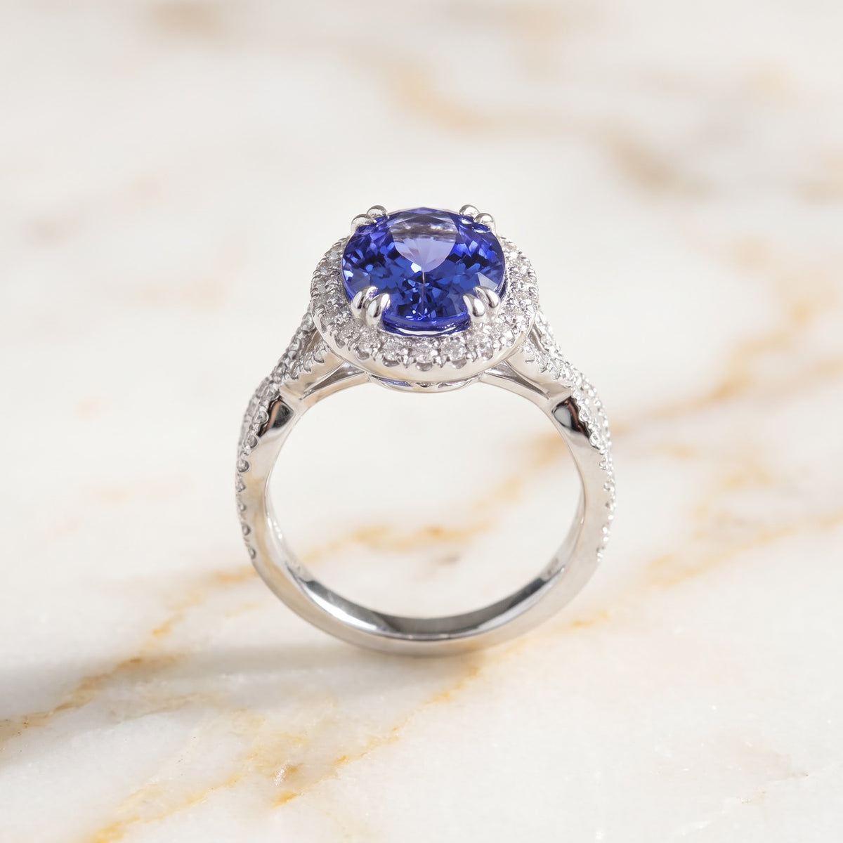 3.25 ct Oval Tanzanite and Diamond Halo Cocktail Ring in 18K White Gold