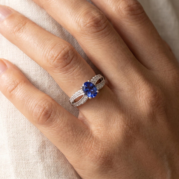1.41 ct Oval Tanzanite and Diamond Split-Shank Ring in 14K White Gold, worn