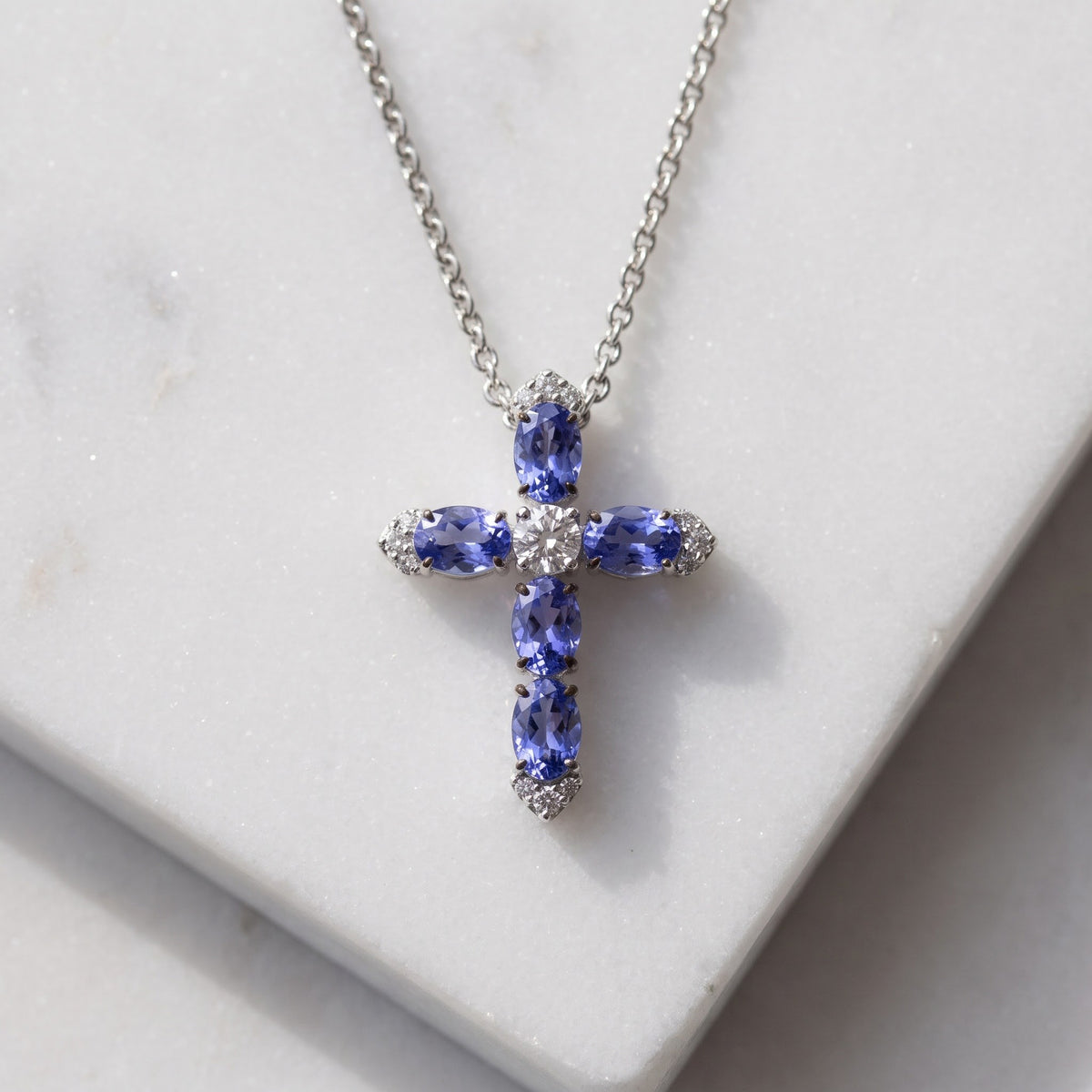 3.15 ct Oval Tanzanite and Diamond Cross Pendant Necklace in 14K White Gold