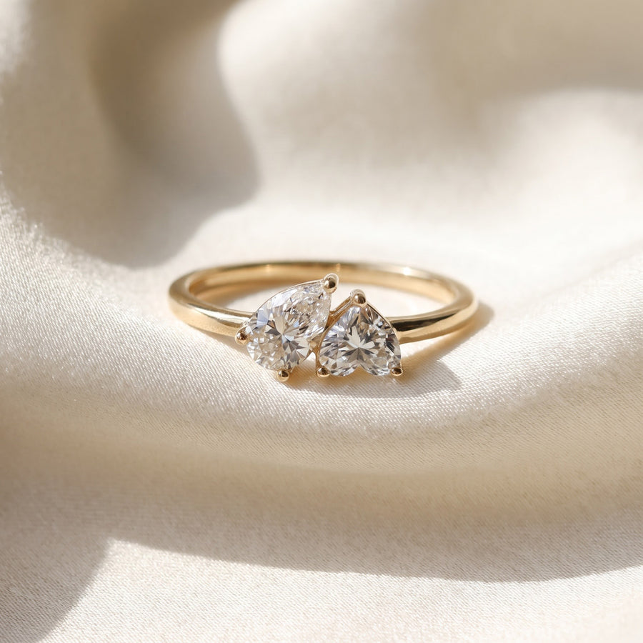 Pear and Heart Diamond Two-Stone Yellow Gold Ring