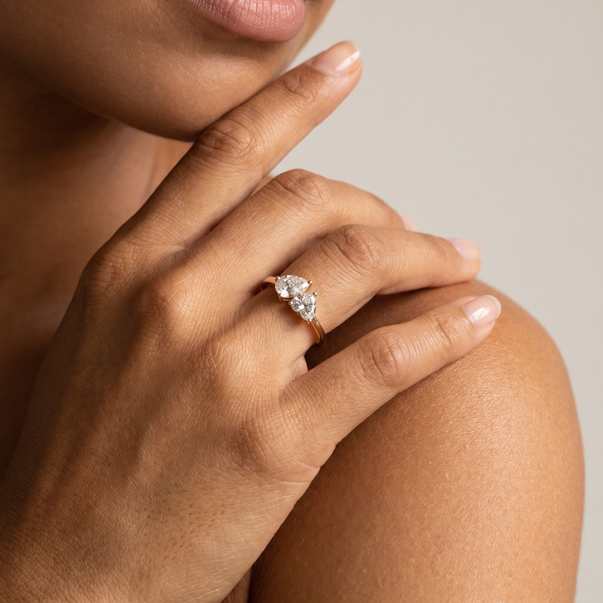Pear and Heart Diamond Two-Stone Yellow Gold Ring, worn, second view