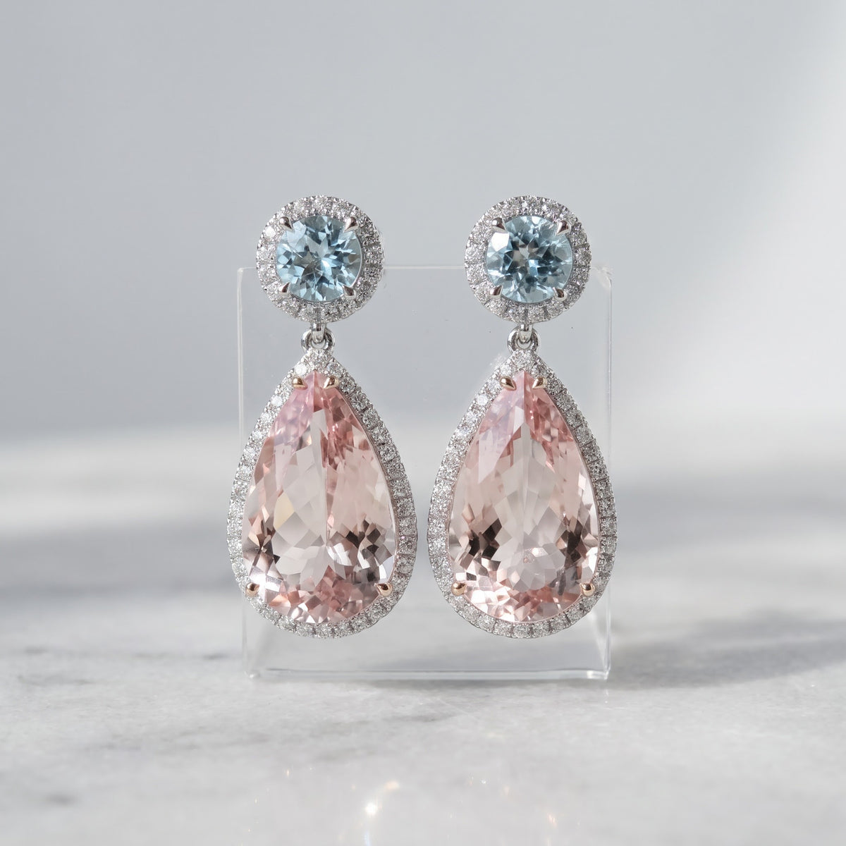 Pear Cut Morganite Halo Drop Earrings — White Gold