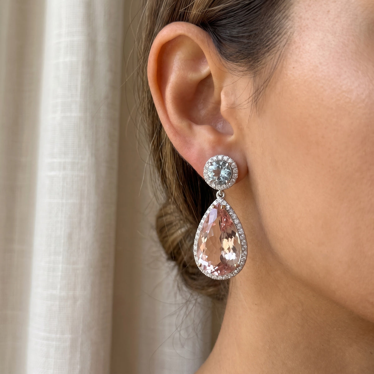 Pear Cut Morganite Halo Drop Earrings — White Gold, worn