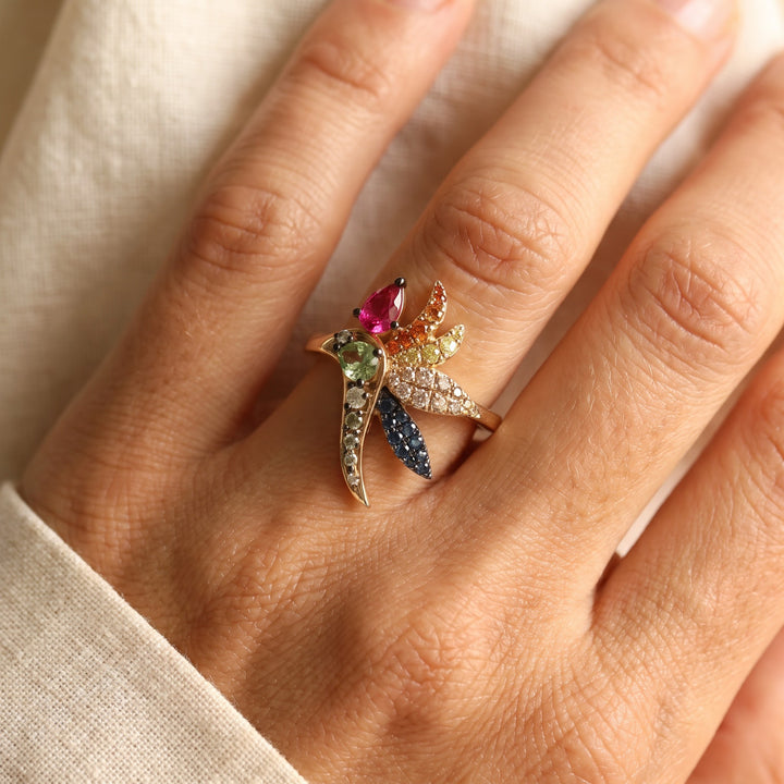 Pear-Cut Pink Sapphire, Multi-Color Sapphire and Diamond Cocktail Ring in 14K Yellow Gold, worn