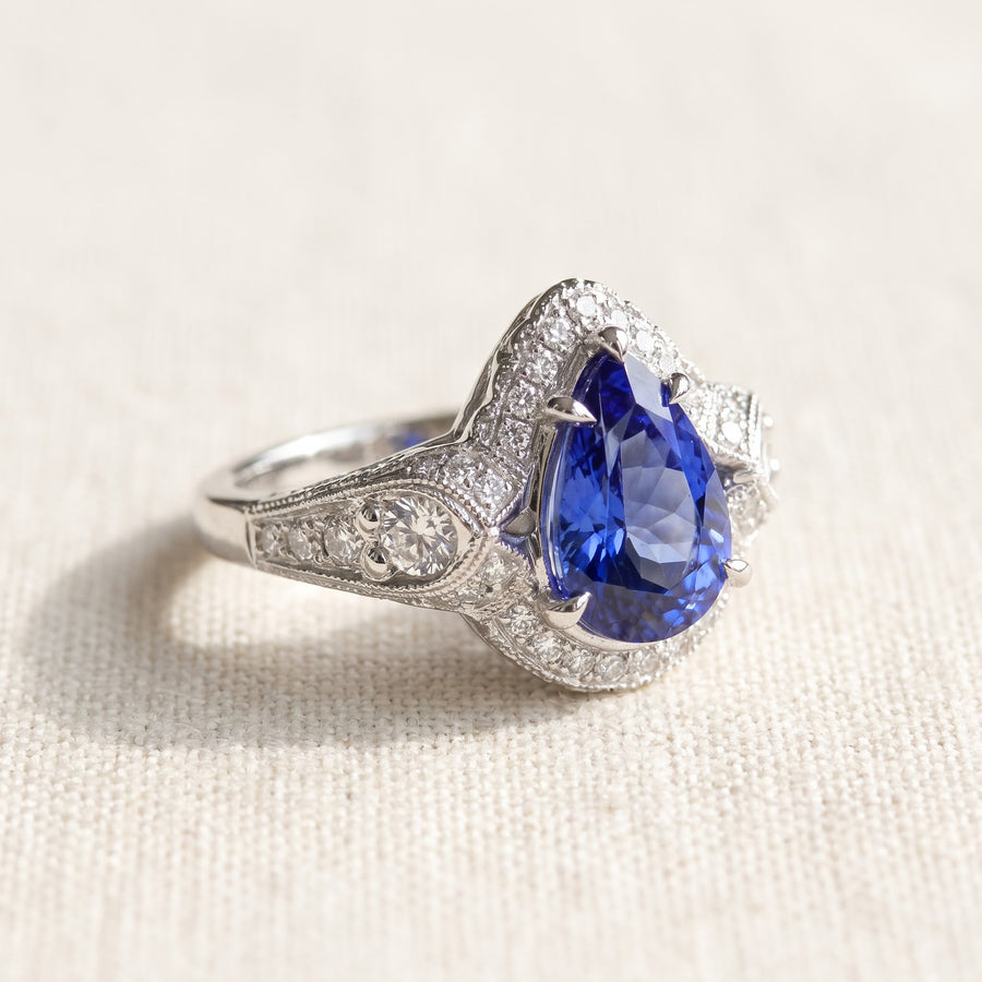 Pear-Cut Tanzanite Halo Cocktail Ring in White Gold