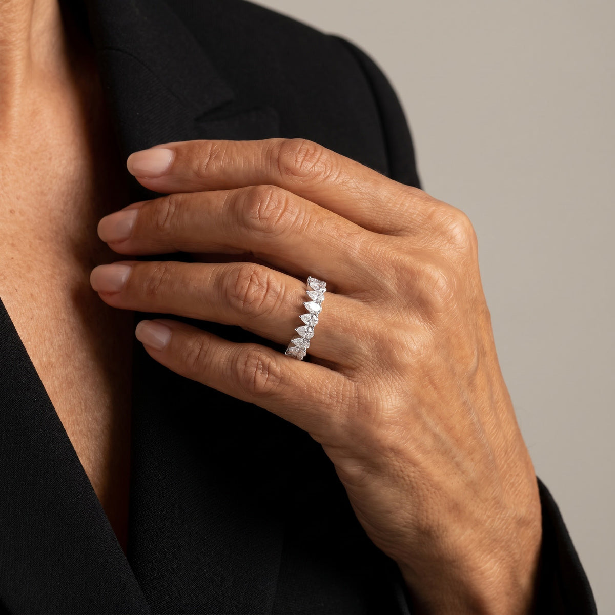 Pear Shape Diamond Band in White Gold, worn, second view
