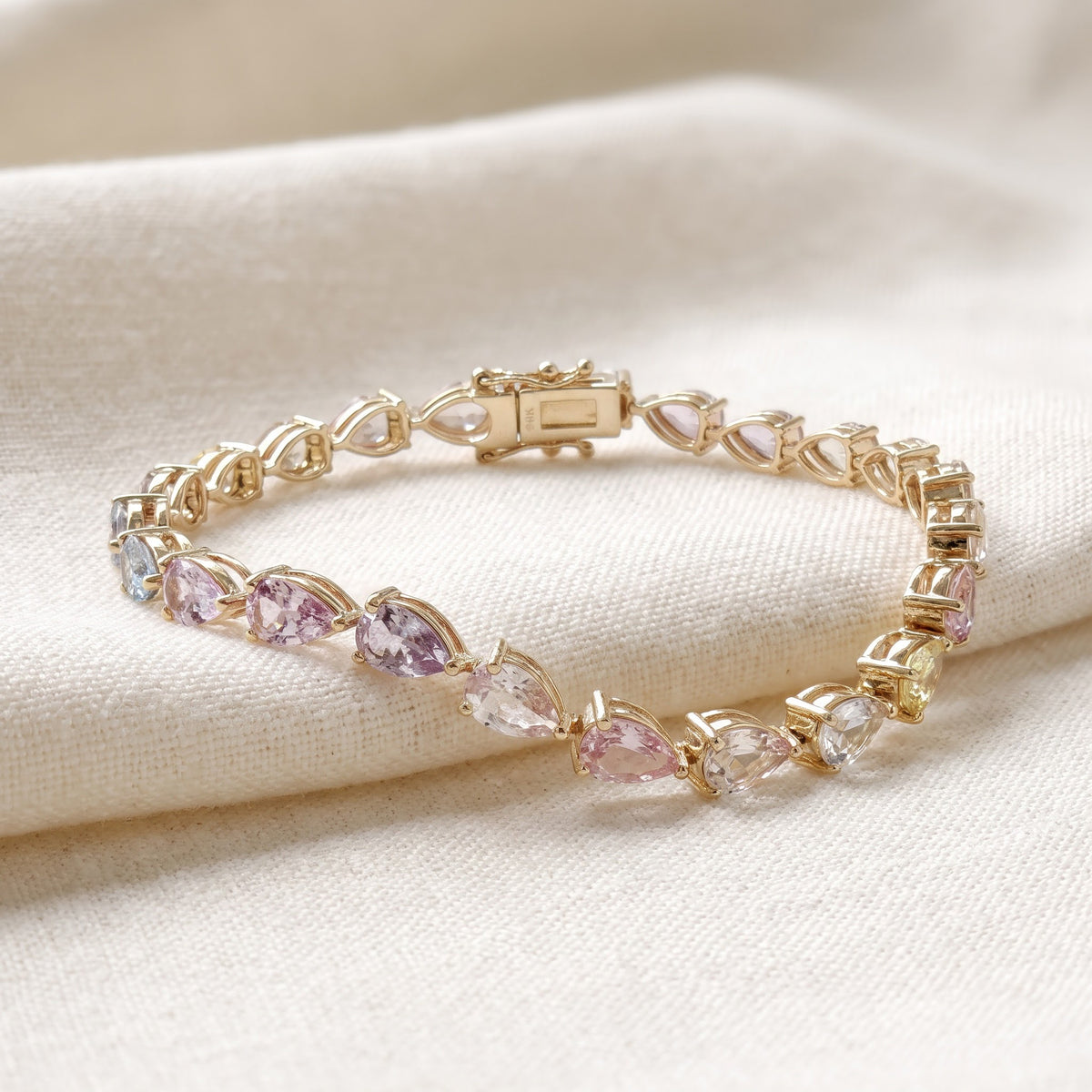 11.58 ct Pear-Shape Multi-Color Sapphire Tennis Bracelet in 14K Yellow Gold