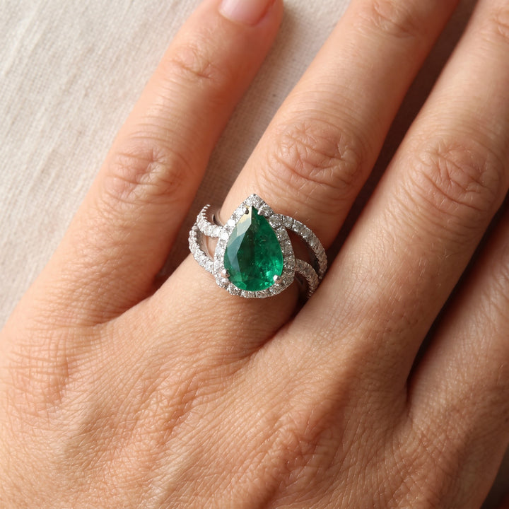 3.18 ct Pear-Shaped Emerald and Diamond Halo Cocktail Ring in 14K White Gold, worn