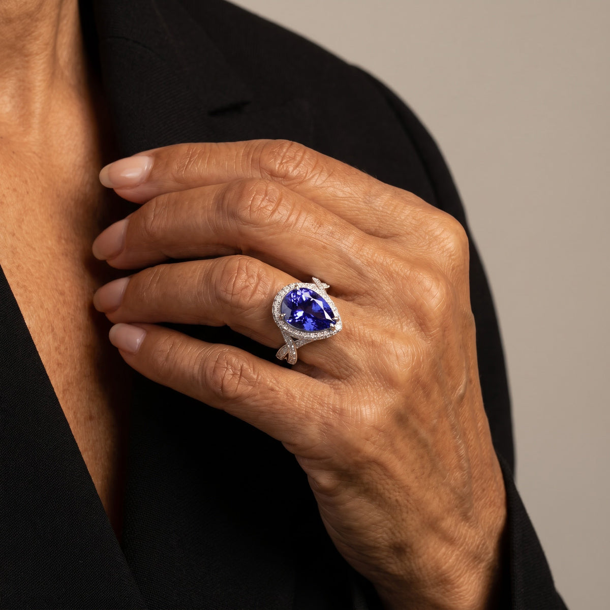 Pear-Shaped Tanzanite Halo Cocktail Ring in White Gold, worn