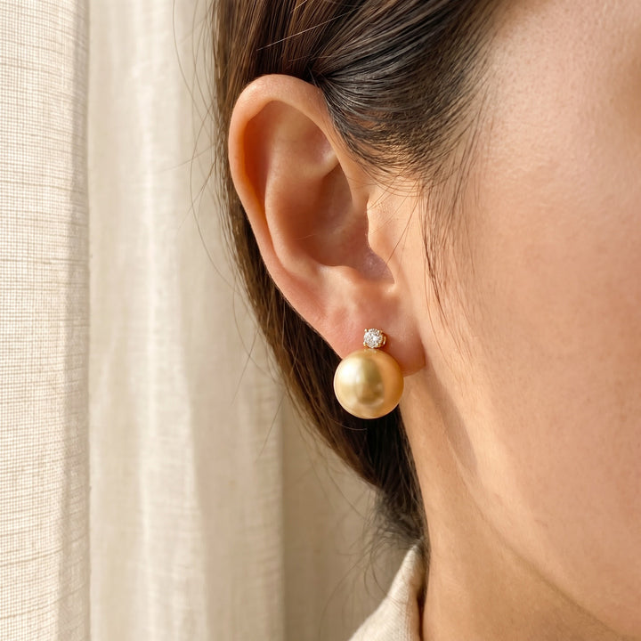 Golden South Sea Pearl and Diamond Stud Earrings in 14K Yellow Gold, worn