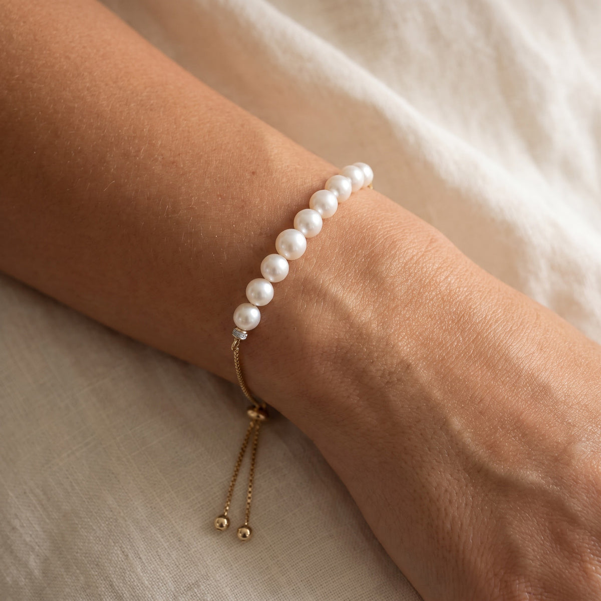 Pearl Beaded Adjustable Bracelet in Yellow Gold, worn
