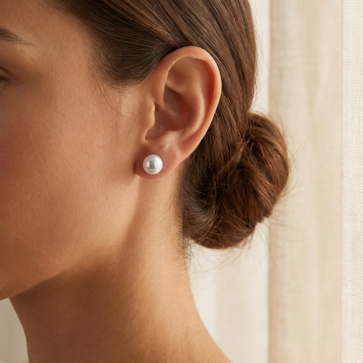 Classic White South Sea Pearl Stud Earrings in 14K Yellow Gold, worn