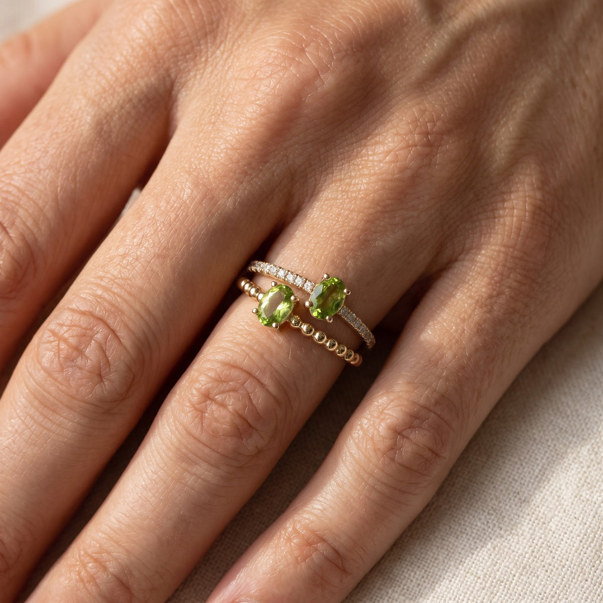 Peridot Multistone Ring in Yellow Gold, worn