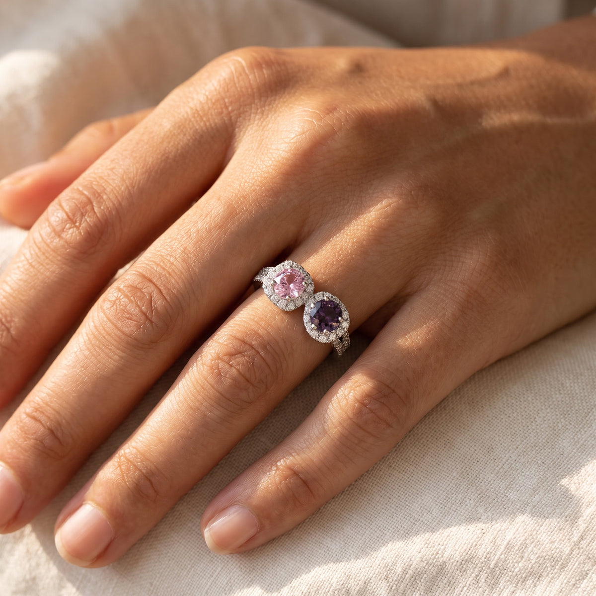 Pink and Purple Sapphire Multistone Halo Ring in White Gold, worn